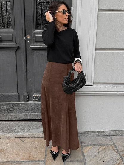 Cocolii longue jupe femme en daim synthétique jupe maxi évasée taille haute style rétro élégant pour automne hiver