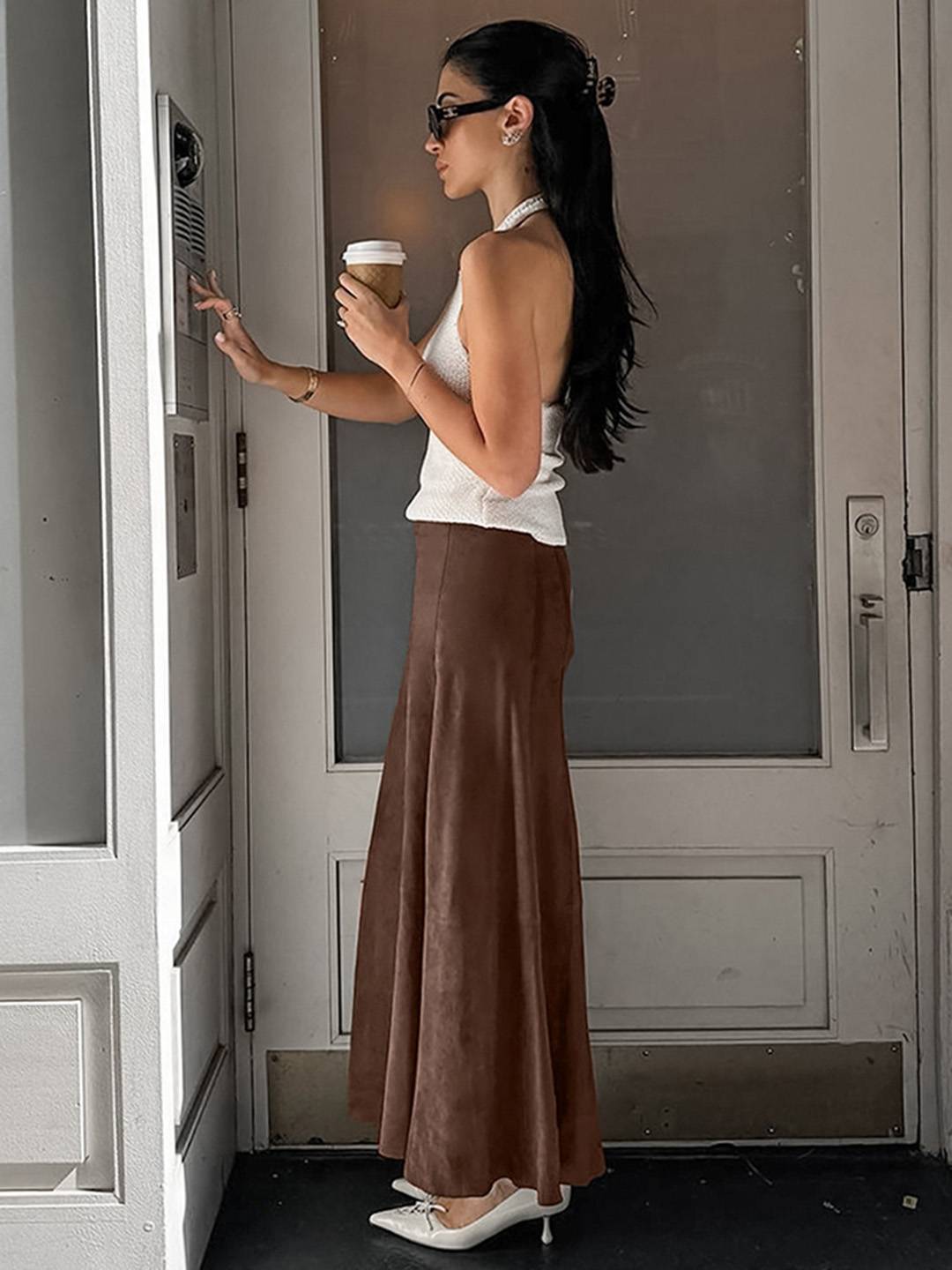 Cocolii longue jupe femme en daim synthétique jupe maxi évasée taille haute style rétro élégant pour automne hiver