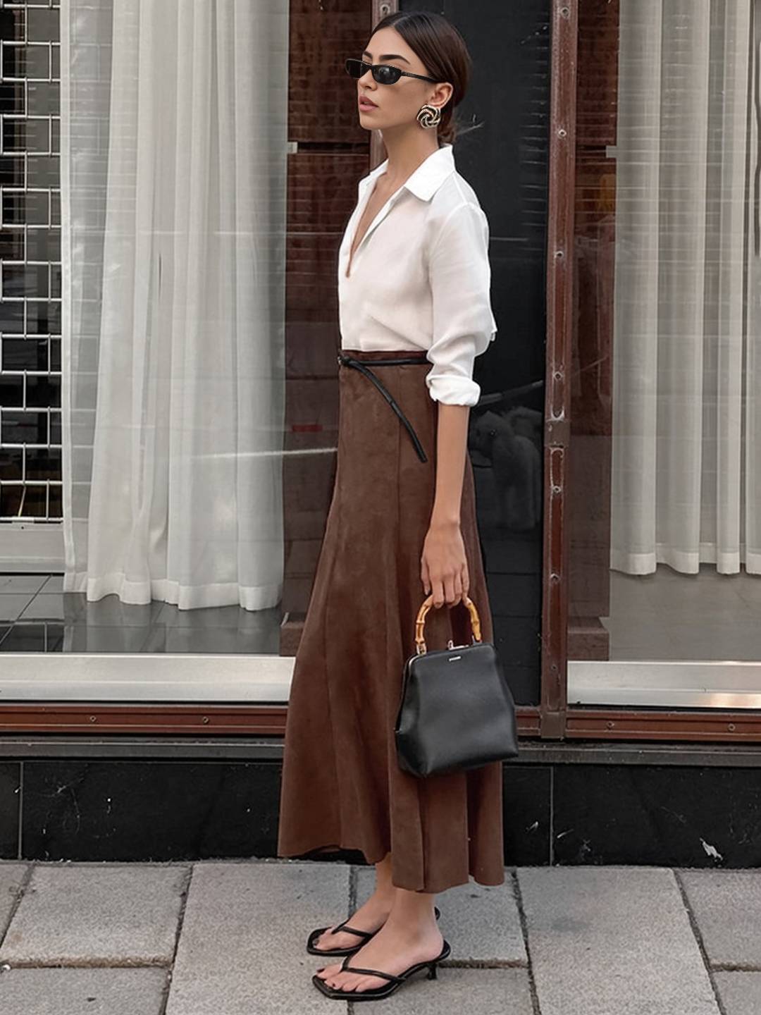 Cocolii longue jupe femme en daim synthétique jupe maxi évasée taille haute style rétro élégant pour automne hiver