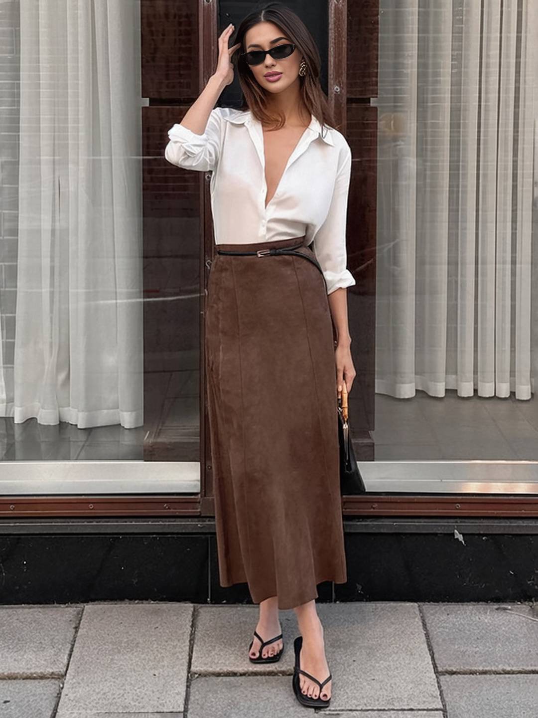 Cocolii longue jupe femme en daim synthétique jupe maxi évasée taille haute style rétro élégant pour automne hiver