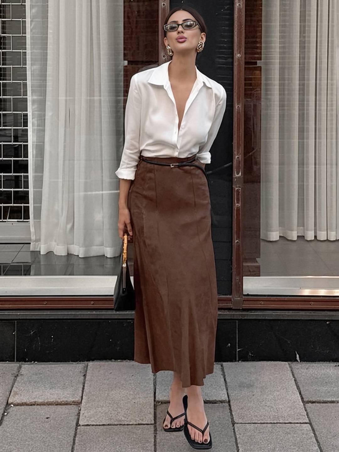 Cocolii longue jupe femme en daim synthétique jupe maxi évasée taille haute style rétro élégant pour automne hiver