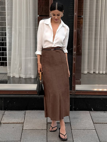 Cocolii longue jupe femme en daim synthétique jupe maxi évasée taille haute style rétro élégant pour automne hiver