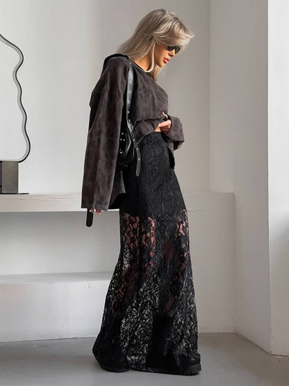 Cocolii jupe longue en dentelle noire femme jupe maxi transparente style bohème chic tenue de soirée élégante gothique