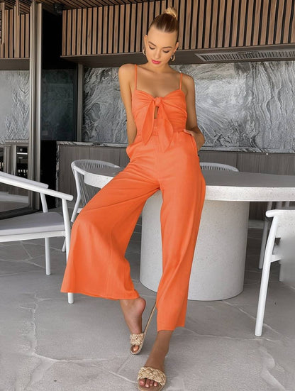 Cocolii combinaisons larges jambes évasé noeud papillon à fines brides sans manches femme casual décontracté