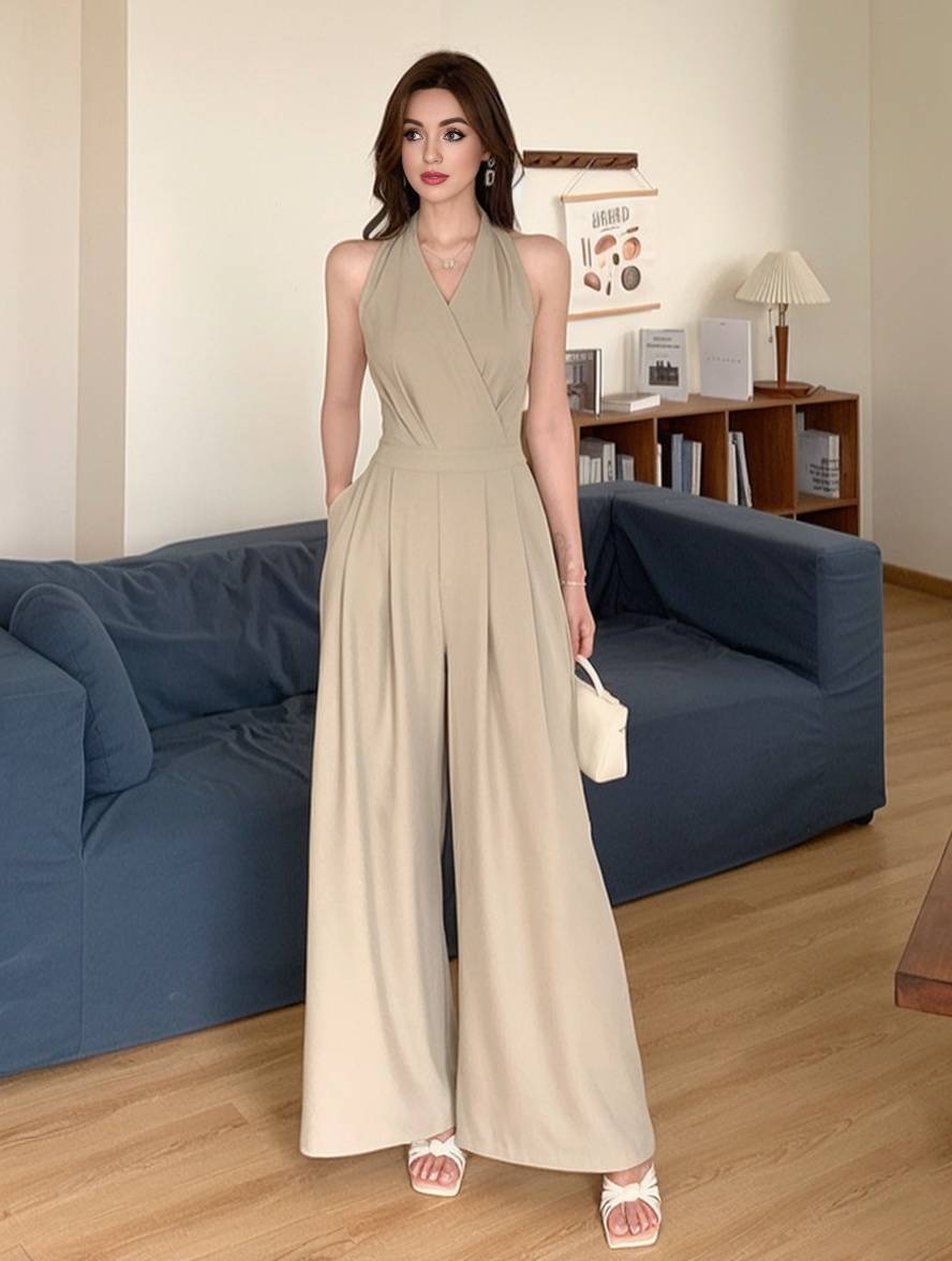 Cocolii combinaisons larges jambes évasé unicolore dos nu v-cou sans manches femme casual élégant décontracté