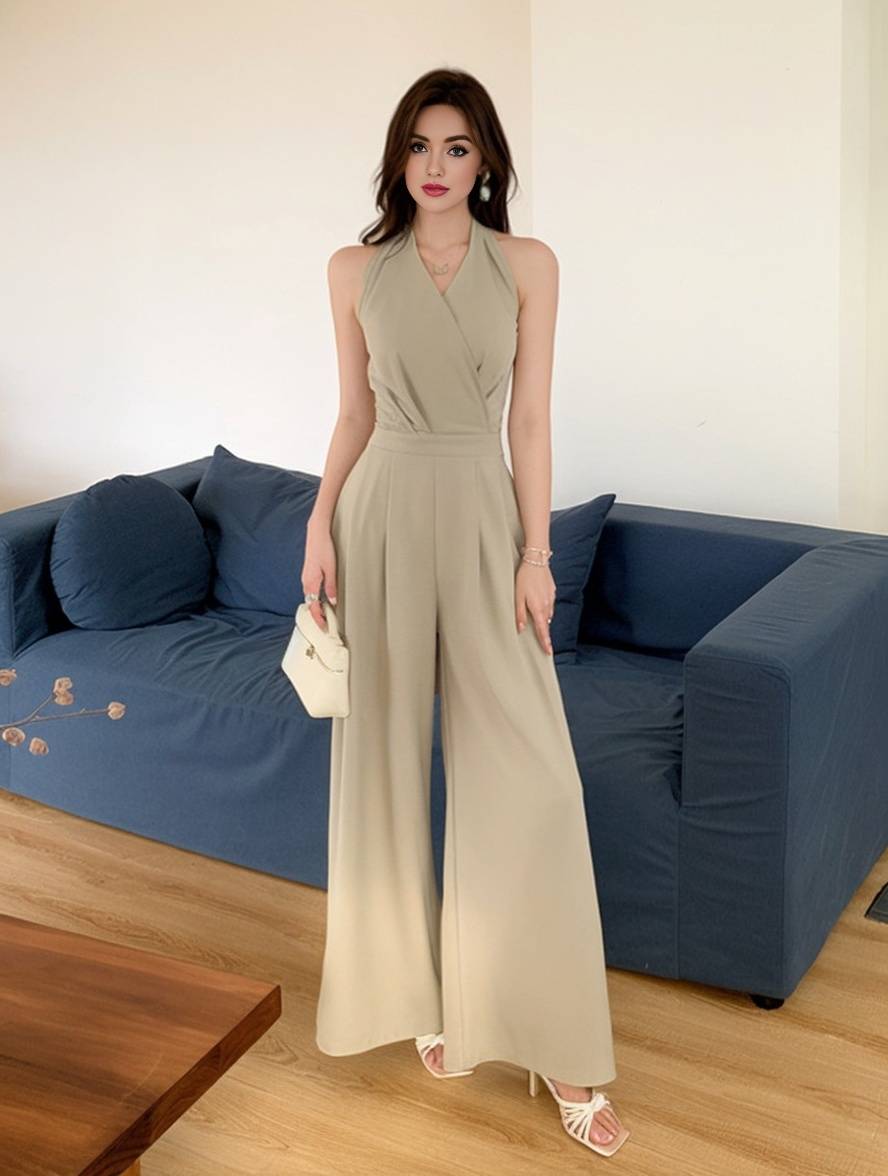 Cocolii combinaisons larges jambes évasé unicolore dos nu v-cou sans manches femme casual élégant décontracté