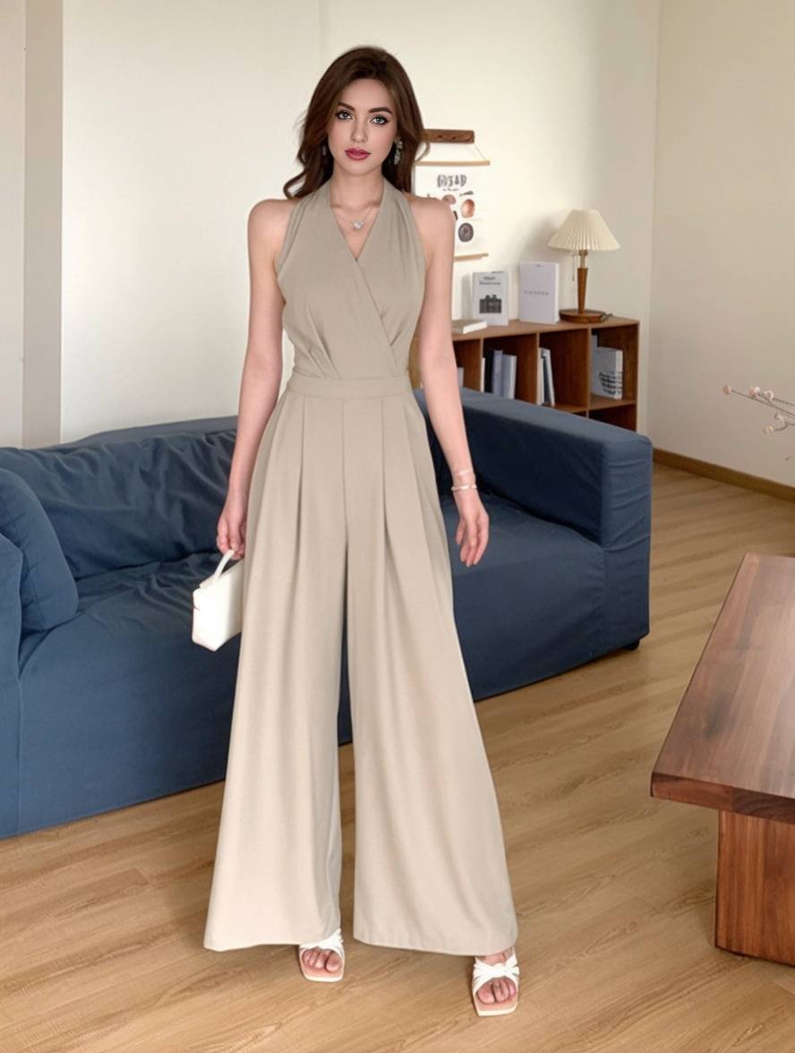 Cocolii combinaisons larges jambes évasé unicolore dos nu v-cou sans manches femme casual élégant décontracté