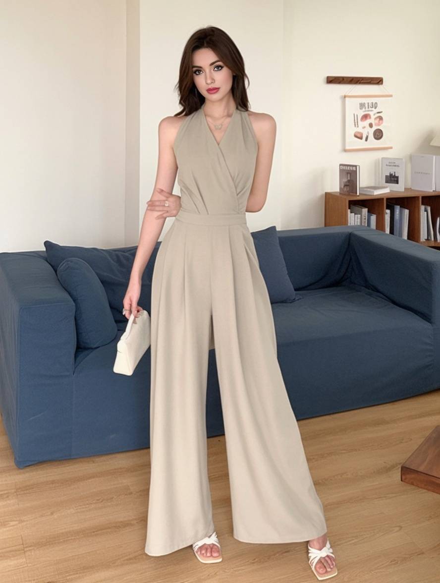 Cocolii combinaisons larges jambes évasé unicolore dos nu v-cou sans manches femme casual élégant décontracté