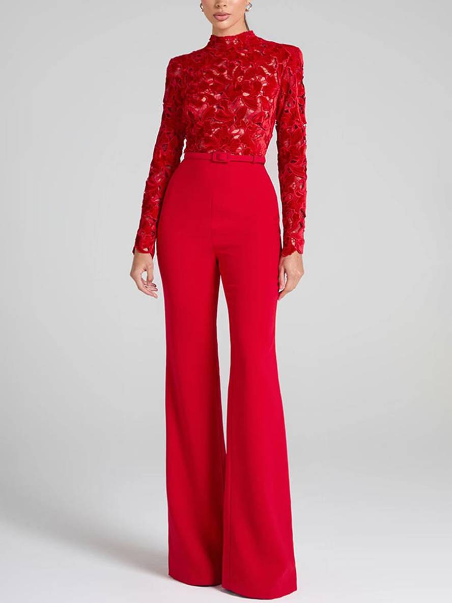 Cocolii combinaisons flare évasé broderie anglaise col rond manches longues ceinture femme élégant décontracté slim fitness