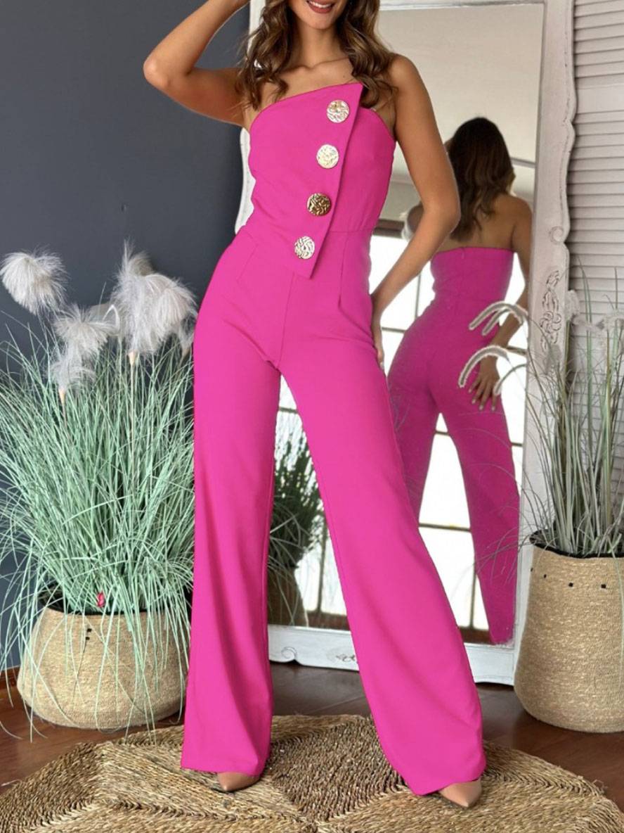 Cocolii combinaisons flare évasé unicolore bustier boutonnage sans manches femme élégant décontracté