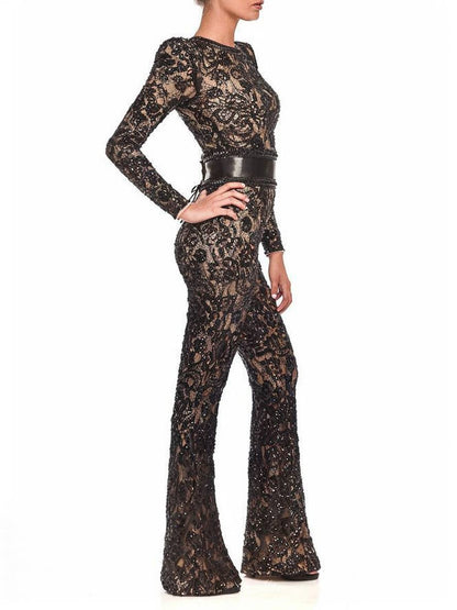 Cocolii combinaisons flare évasé dentelle col rond ceinture manches longues femme élégant vintage