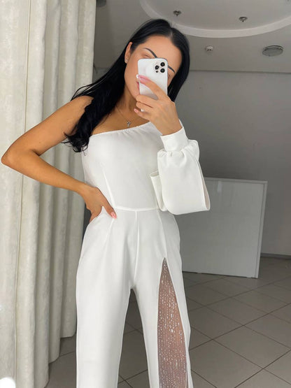 Cocolii combinaisons flare évasé une épaule fendu le côté manches longues femme casual élégant décontracté cérémonie