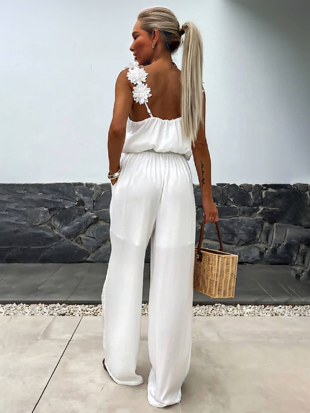 Cocolii combinaisons pantalon larges jambes évasé v-cou poches dos nu bretelle sans manches décontracté style vacances pour femme