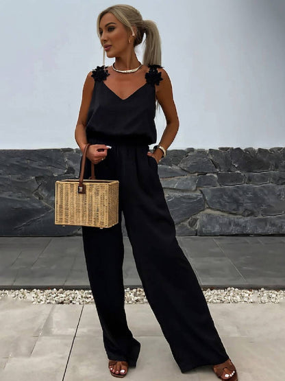 Cocolii combinaisons pantalon larges jambes évasé v-cou poches dos nu bretelle sans manches décontracté style vacances pour femme