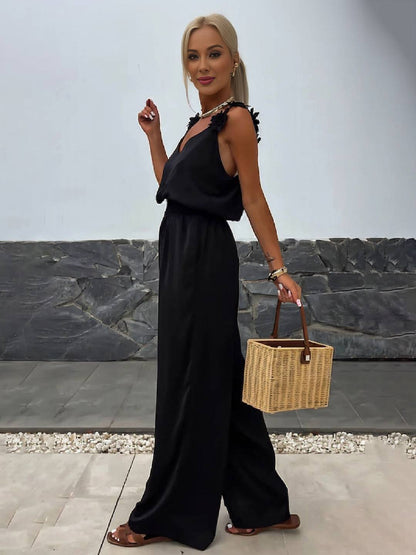 Cocolii combinaisons pantalon larges jambes évasé v-cou poches dos nu bretelle sans manches décontracté style vacances pour femme