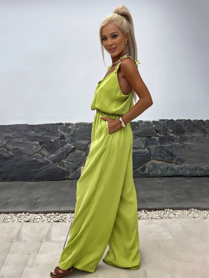 Cocolii combinaisons pantalon larges jambes évasé v-cou poches dos nu bretelle sans manches décontracté style vacances pour femme