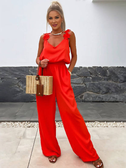 Cocolii combinaisons pantalon larges jambes évasé v-cou poches dos nu bretelle sans manches décontracté style vacances pour femme