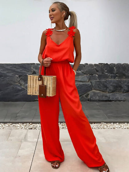 Cocolii combinaisons pantalon larges jambes évasé v-cou poches dos nu bretelle sans manches décontracté style vacances pour femme