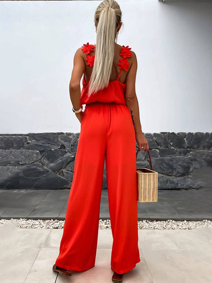 Cocolii combinaisons pantalon larges jambes évasé v-cou poches dos nu bretelle sans manches décontracté style vacances pour femme