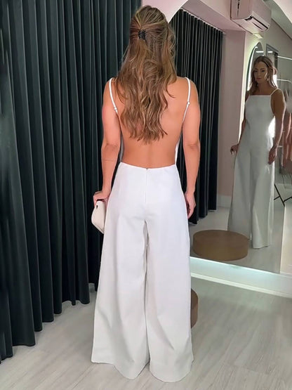 Cocolii combinaisons larges jambes évasé lin dos nu à fines brides sans manches élégant décontracté style vacances pour femmes