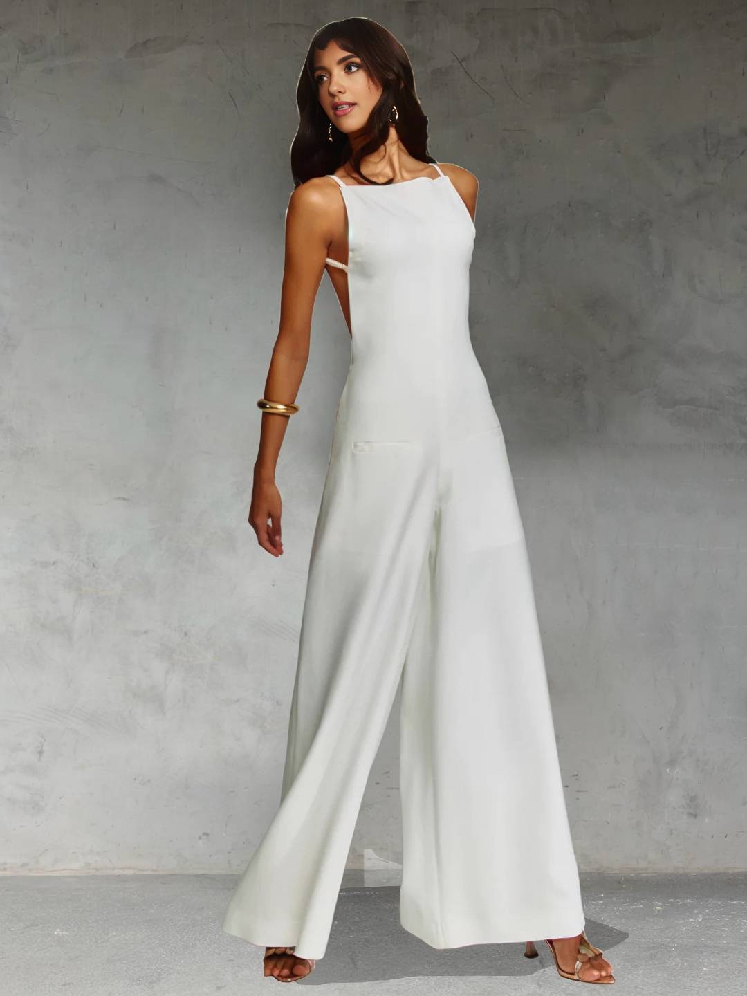 Cocolii combinaisons larges jambes évasé lin dos nu à fines brides sans manches élégant décontracté style vacances pour femmes