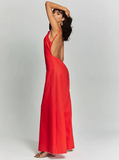 Cocolii combinaisons larges jambes évasé lin dos nu à fines brides sans manches élégant décontracté style vacances pour femmes