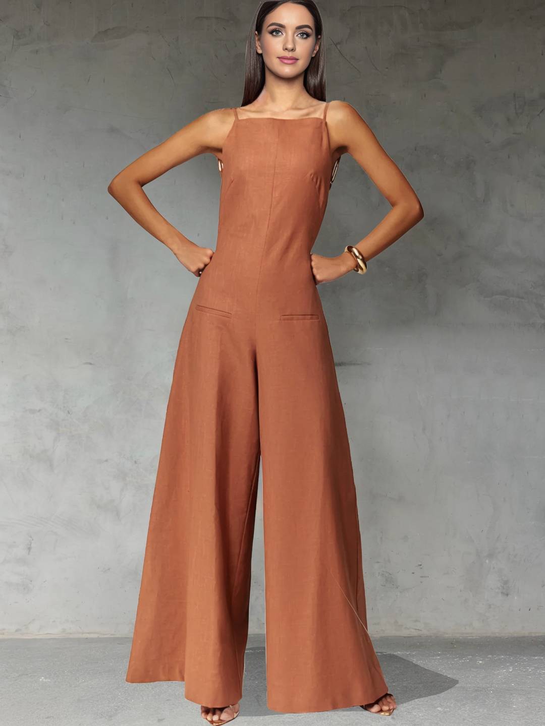 Cocolii combinaisons larges jambes évasé lin dos nu à fines brides sans manches élégant décontracté style vacances pour femmes