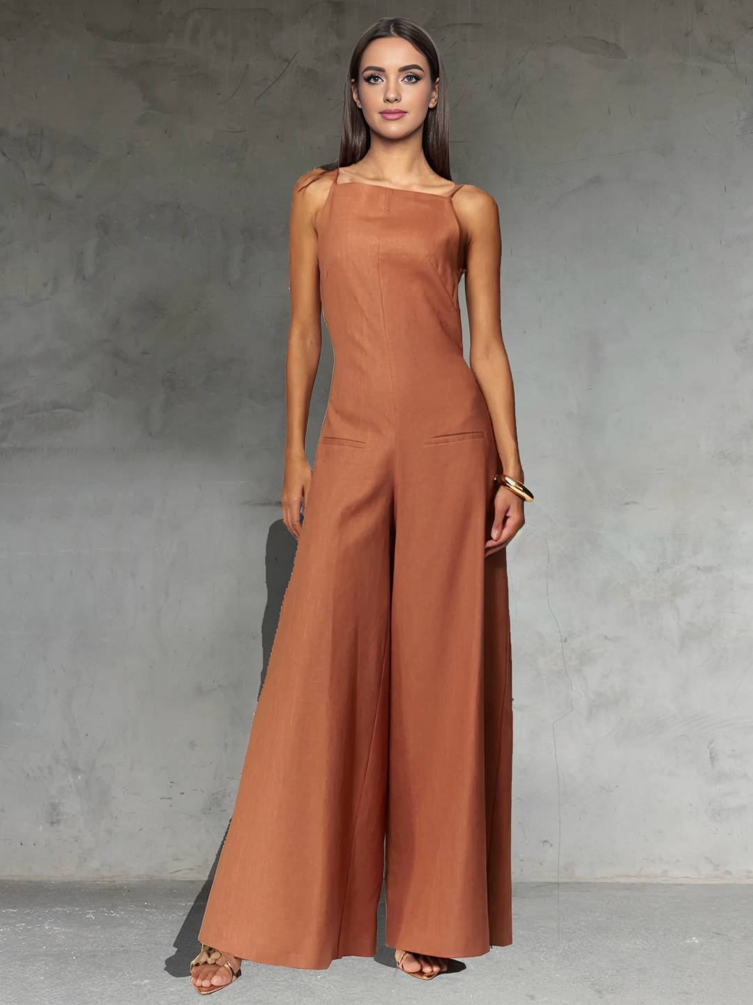 Cocolii combinaisons larges jambes évasé lin dos nu à fines brides sans manches élégant décontracté style vacances pour femmes