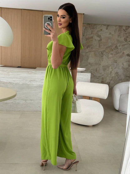 Cocolii combinaisons larges jambes évasé unicolore v-cou ceinture volants superposés femme décontracté