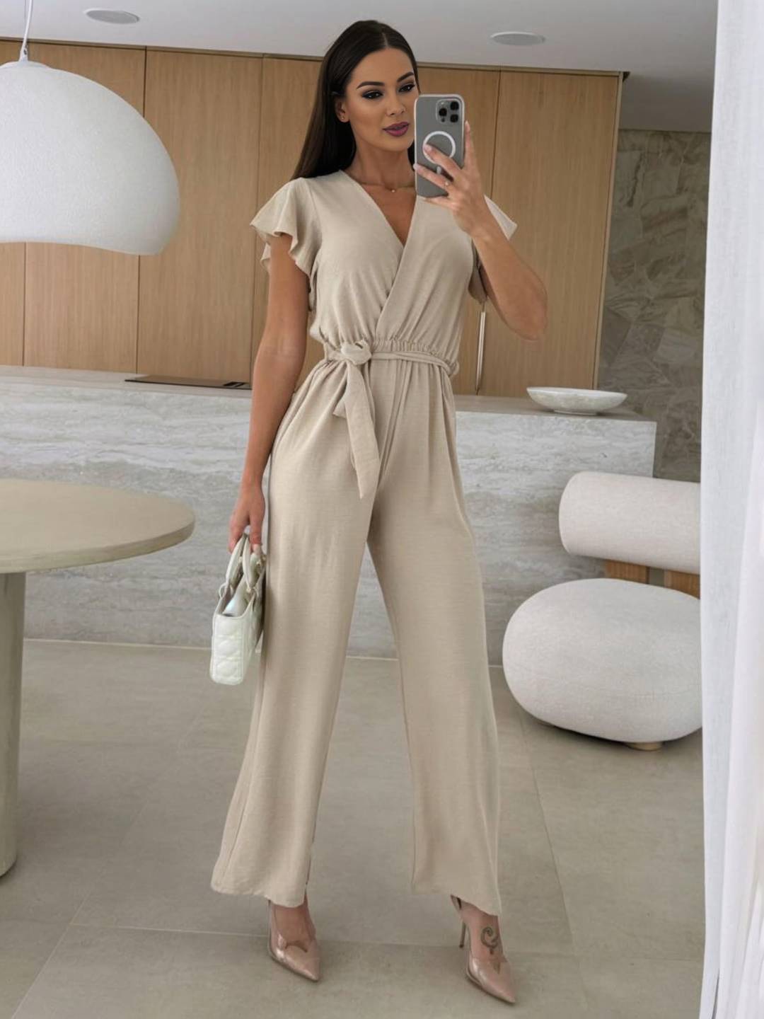 Cocolii combinaisons larges jambes évasé unicolore v-cou ceinture volants superposés femme décontracté