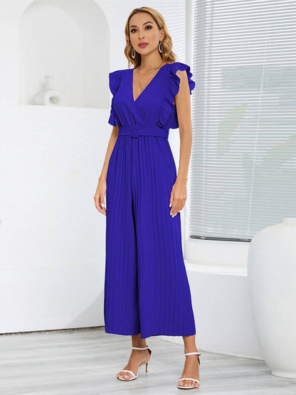 Cocolii combinaisons larges jambes évasé v-cou à volantée plissé ceinture sans manches femme élégant bohème décontracté