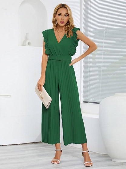 Cocolii combinaisons larges jambes évasé v-cou à volantée plissé ceinture sans manches femme élégant bohème décontracté