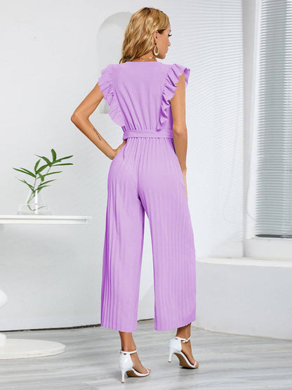 Cocolii combinaisons larges jambes évasé v-cou à volantée plissé ceinture sans manches femme élégant bohème décontracté