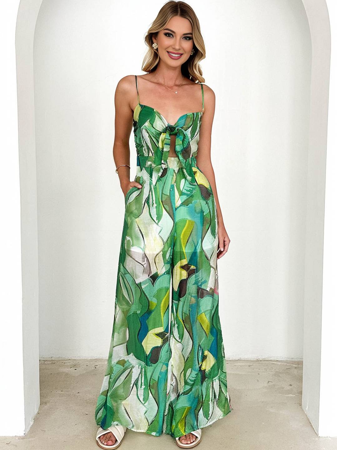 Cocolii combinaisons larges jambes évasé imprimé à fleurie noeud papillon à fines brides sans manches femme casual décontracté