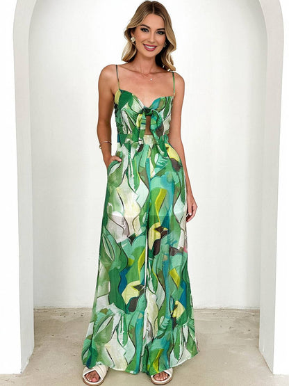 Cocolii combinaisons larges jambes évasé imprimé à fleurie noeud papillon à fines brides sans manches femme casual décontracté