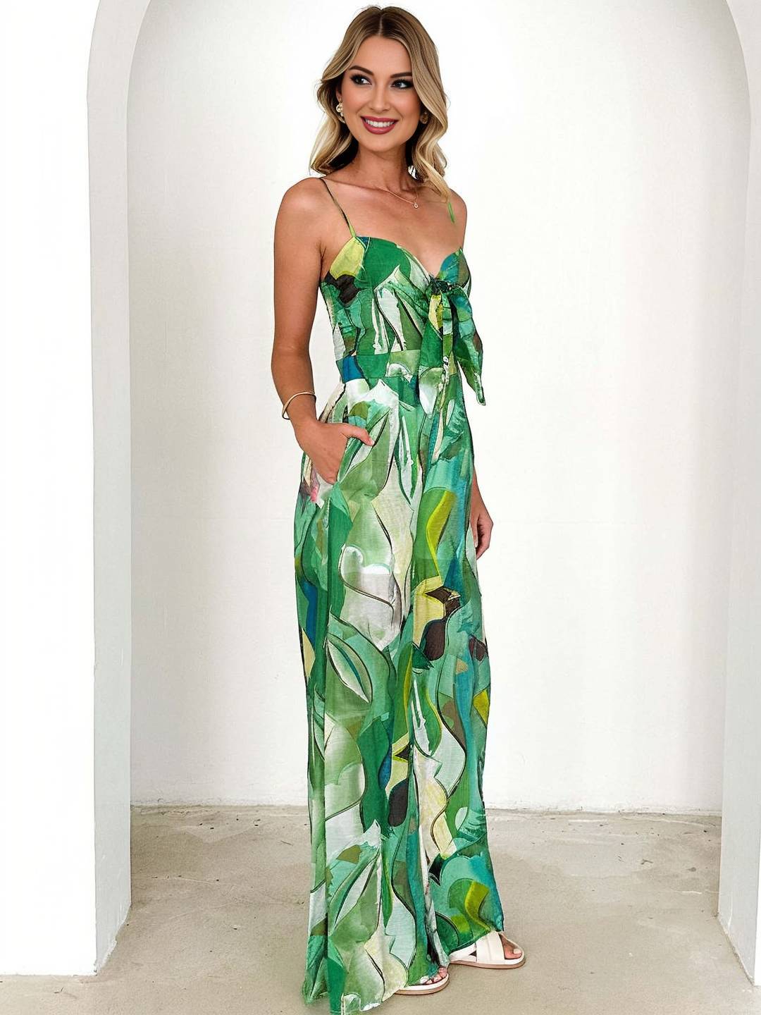 Cocolii combinaisons larges jambes évasé imprimé à fleurie noeud papillon à fines brides sans manches femme casual décontracté