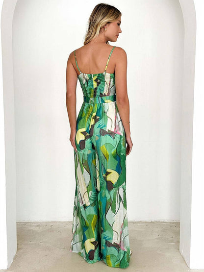 Cocolii combinaisons larges jambes évasé imprimé à fleurie noeud papillon à fines brides sans manches femme casual décontracté