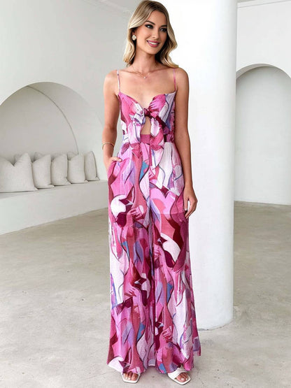 Cocolii combinaisons larges jambes évasé imprimé à fleurie noeud papillon à fines brides sans manches femme casual décontracté