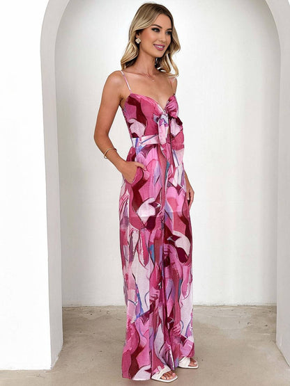 Cocolii combinaisons larges jambes évasé imprimé à fleurie noeud papillon à fines brides sans manches femme casual décontracté