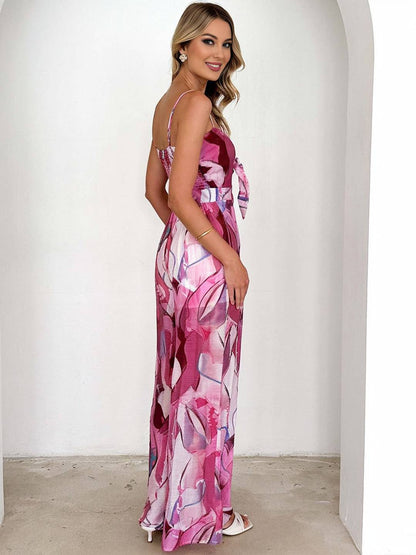 Cocolii combinaisons larges jambes évasé imprimé à fleurie noeud papillon à fines brides sans manches femme casual décontracté