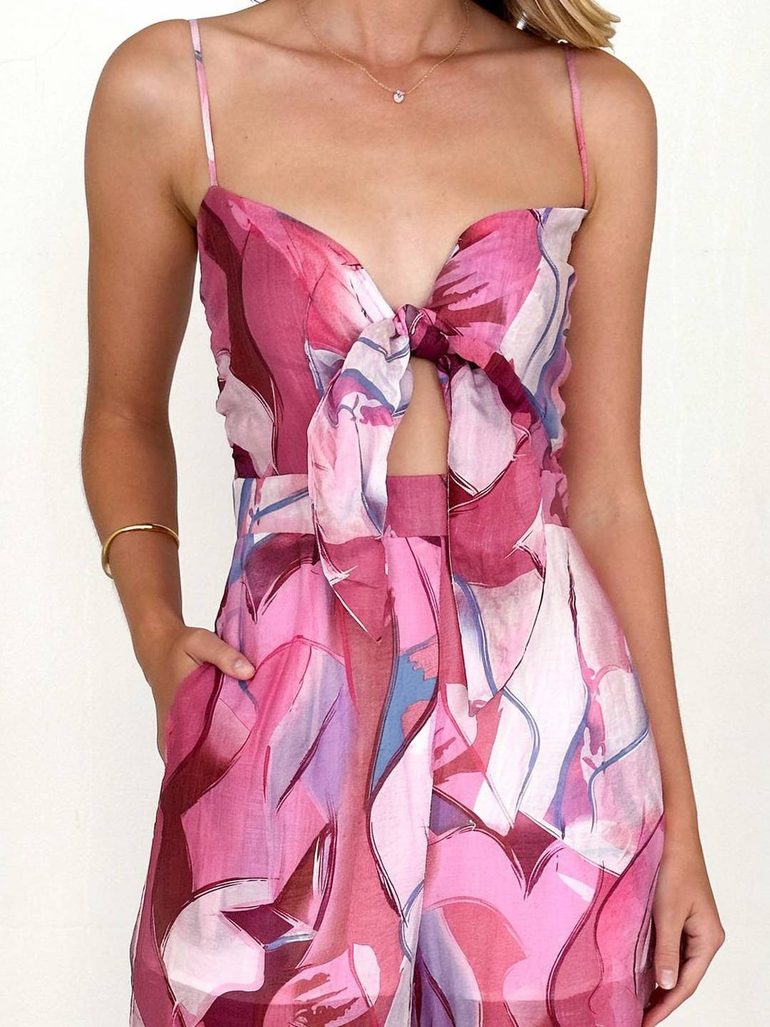 Cocolii combinaisons larges jambes évasé imprimé à fleurie noeud papillon à fines brides sans manches femme casual décontracté