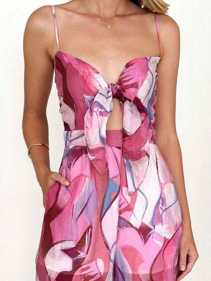 Cocolii combinaisons larges jambes évasé imprimé à fleurie noeud papillon à fines brides sans manches femme casual décontracté