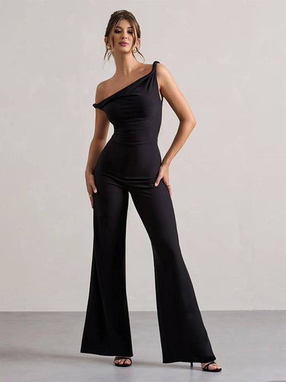 Cocolii combinaisons flare évasé une épaule col bateau sans manches femme élégant décontracté une pièce