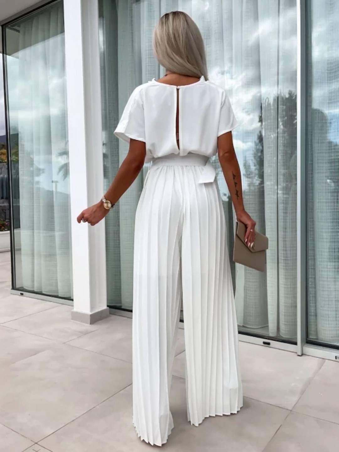 Cocolii combinaisons larges jambes évasé col bénitier plissé ceinture manches courtes femme casual simple décontracté