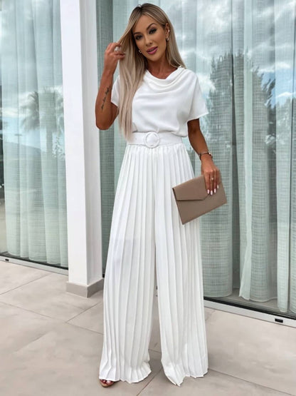 Cocolii combinaisons larges jambes évasé col bénitier plissé ceinture manches courtes femme casual simple décontracté