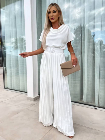 Cocolii combinaisons larges jambes évasé col bénitier plissé ceinture manches courtes femme casual simple décontracté