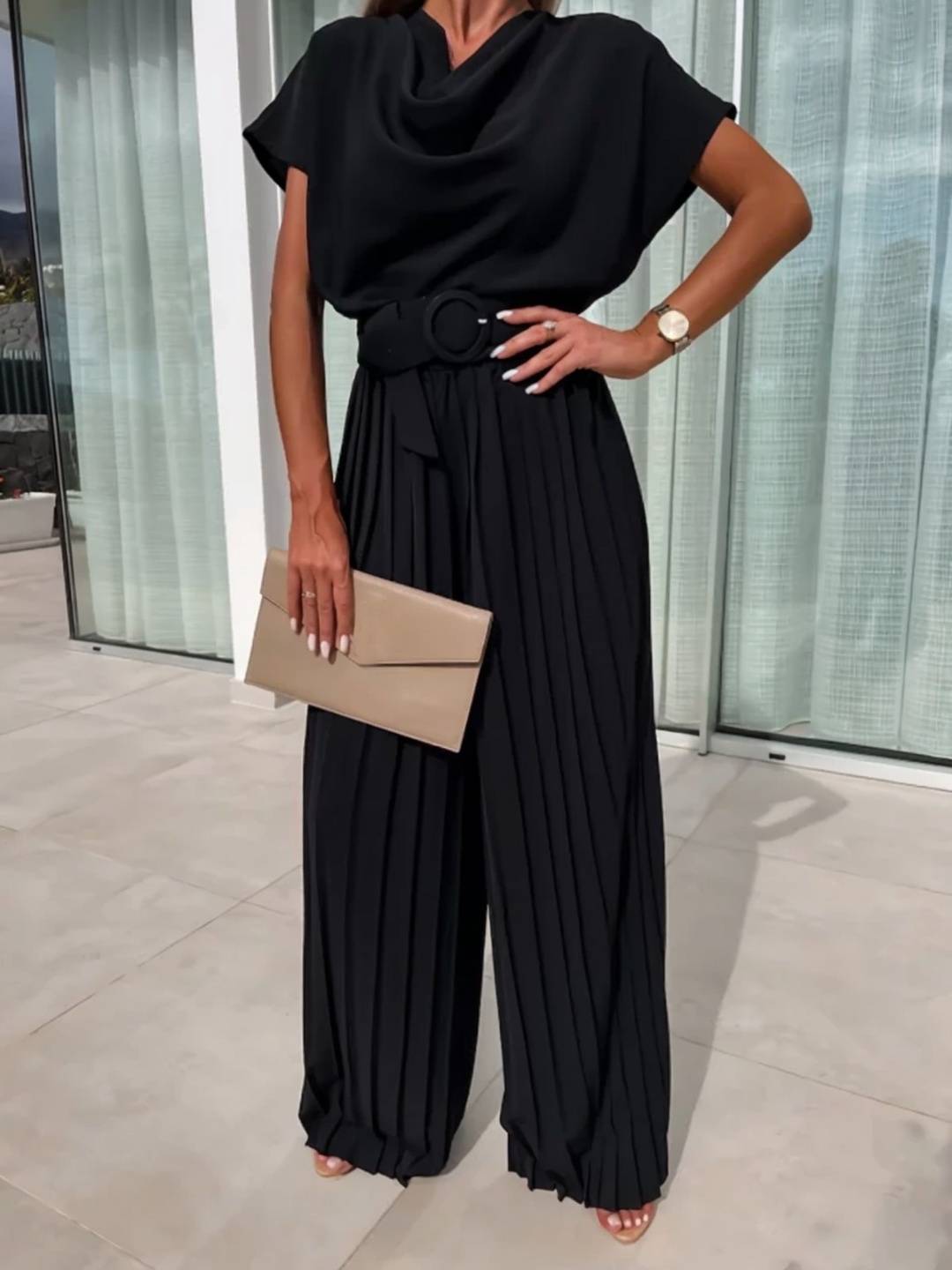 Cocolii combinaisons larges jambes évasé col bénitier plissé ceinture manches courtes femme casual simple décontracté