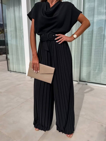 Cocolii combinaisons larges jambes évasé col bénitier plissé ceinture manches courtes femme casual simple décontracté