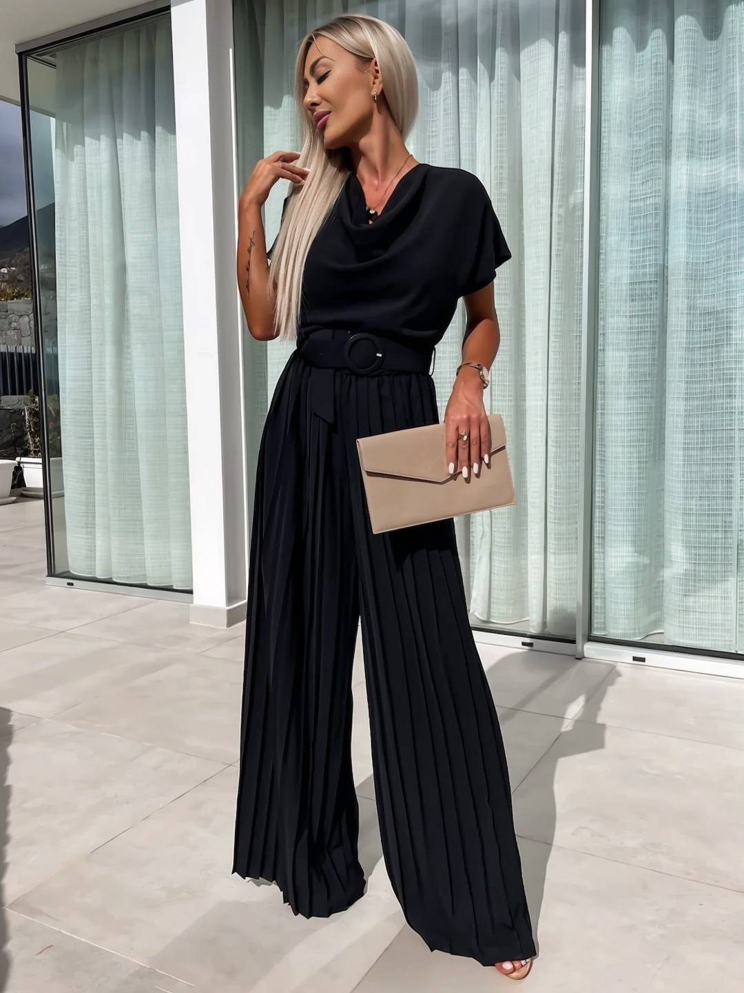 Cocolii combinaisons larges jambes évasé col bénitier plissé ceinture manches courtes femme casual simple décontracté