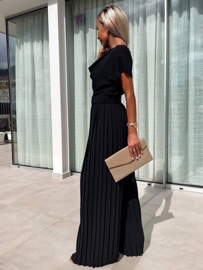 Cocolii combinaisons larges jambes évasé col bénitier plissé ceinture manches courtes femme casual simple décontracté